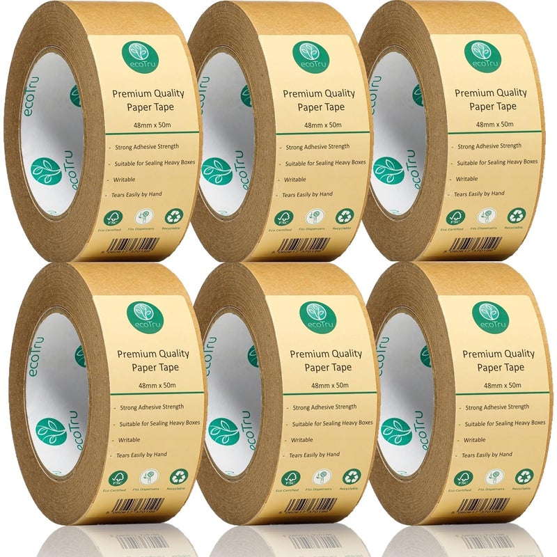 ecotru Ultra Strong Kraft Paper Packing Tape, Heavy Duty Brown Packing Tape for Box & Gummed Paper Tape for Sealing Packaging Shipping Moving & Masking,Biodegradable Printable, 1.9in x 55Yd, 6 Rolls - Image 1